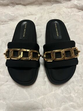 Good American Black Slide Sandals with Chunky Gold Chain